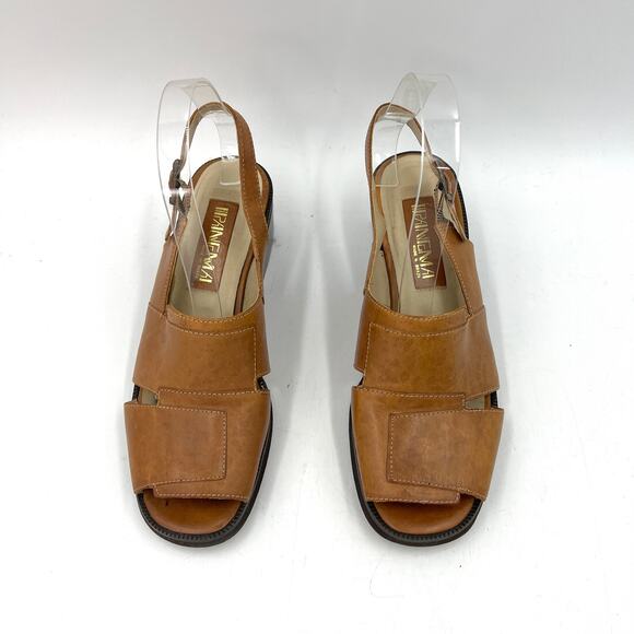 Vintage Ipanema Leather Square Toe Block Heel Nora Slingback Sandals Tan - Picture 2 of 7